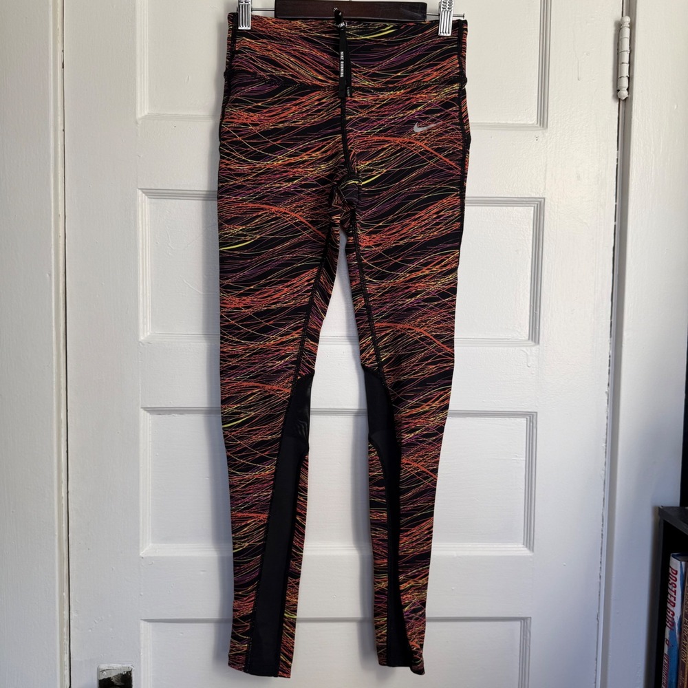Nike Running Dri-FIT Abstract Print Mesh Panel Leggings 799796-010 Black XS